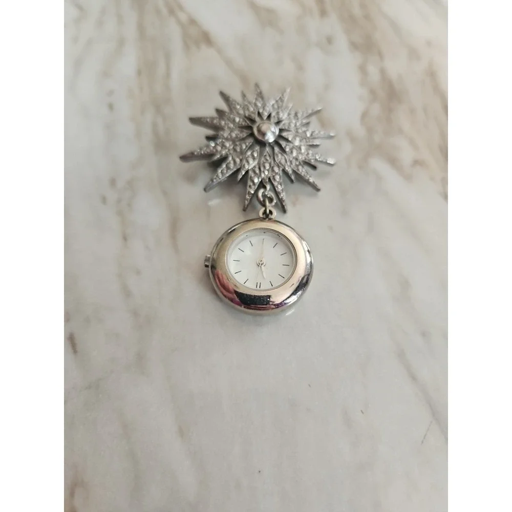 Vtg Monet Hanging Dangle Watch Silver Tone Starburst Brooch Pin‎ Needs Battery